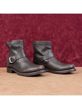 Frye Women Veronica Slouch Dark Brown Leather Strap Moto Biker Ankle Boots sz 9